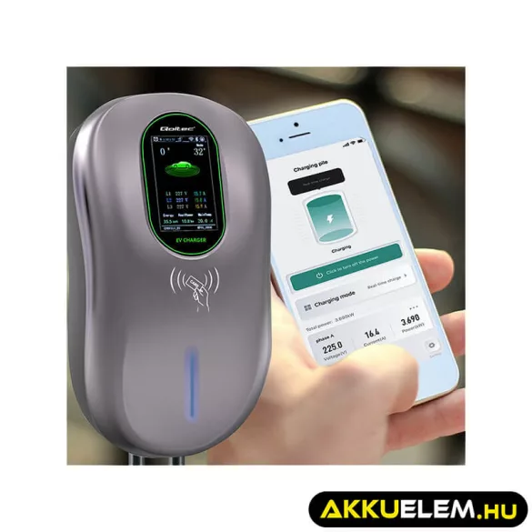 Qoltec Elektromos autó töltőállomás 2-in-1 Type2 22kW Wi-fi LCD RFID 3 fázis Falra szerelhető 5m