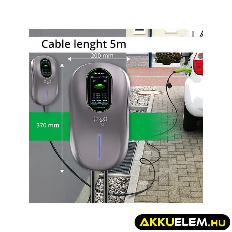 Qoltec Elektromos autó töltőállomás 2-in-1 Type2 22kW Wi-fi LCD RFID 3 fázis Falra szerelhető 5m