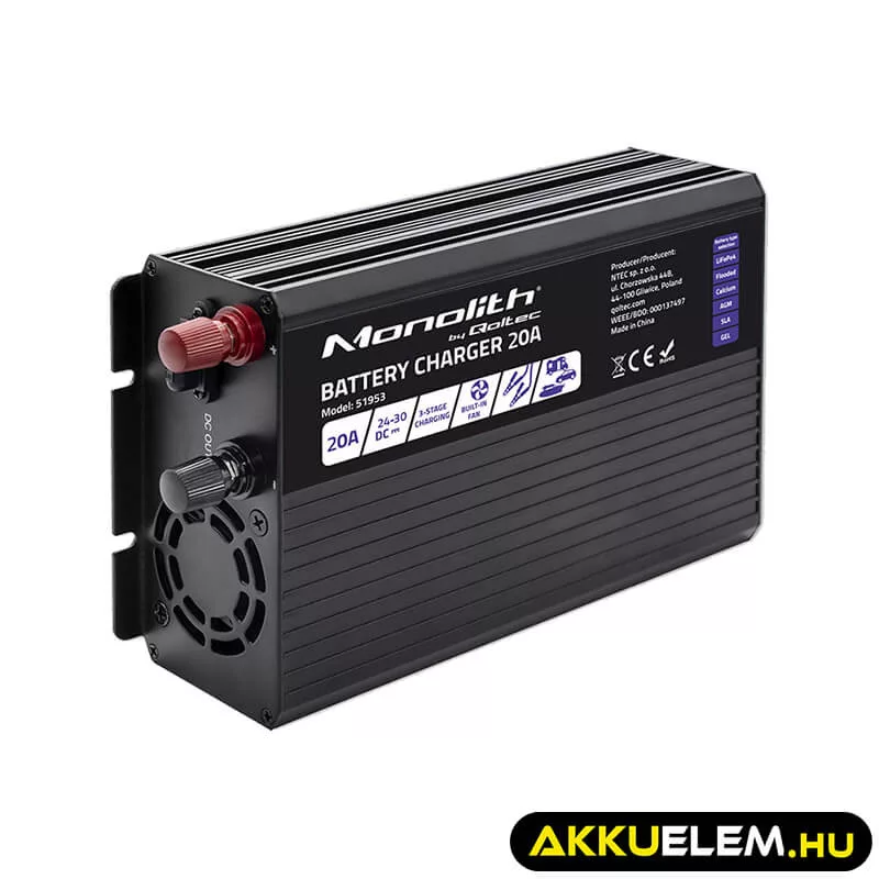 Qoltec Okostöltő LiFePO4 AGM GEL SLA akkumulátorokhoz 20A 24V
