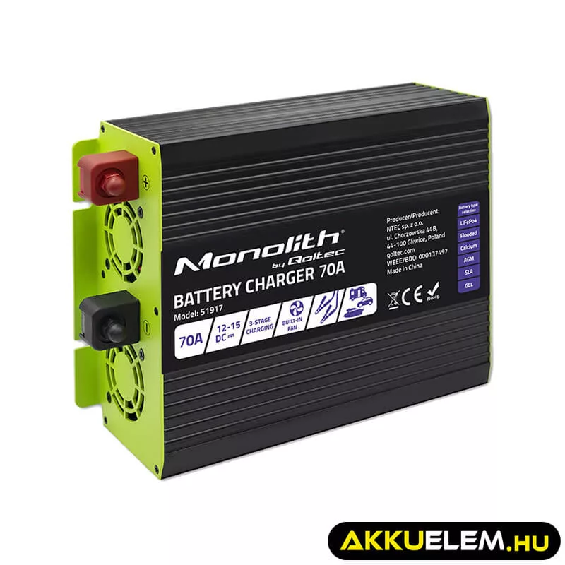 Qoltec Okostöltő LiFePO4 AGM GEL SLA akkumulátorokhoz 70A 12V Gyorstöltés 