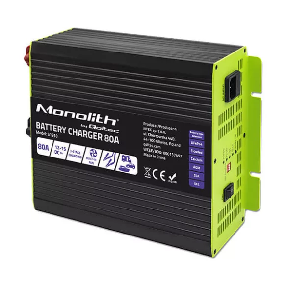 Qoltec Okostöltő LiFePO4 AGM GEL SLA akkumulátorokhoz 80A 12V Gyorstöltés 