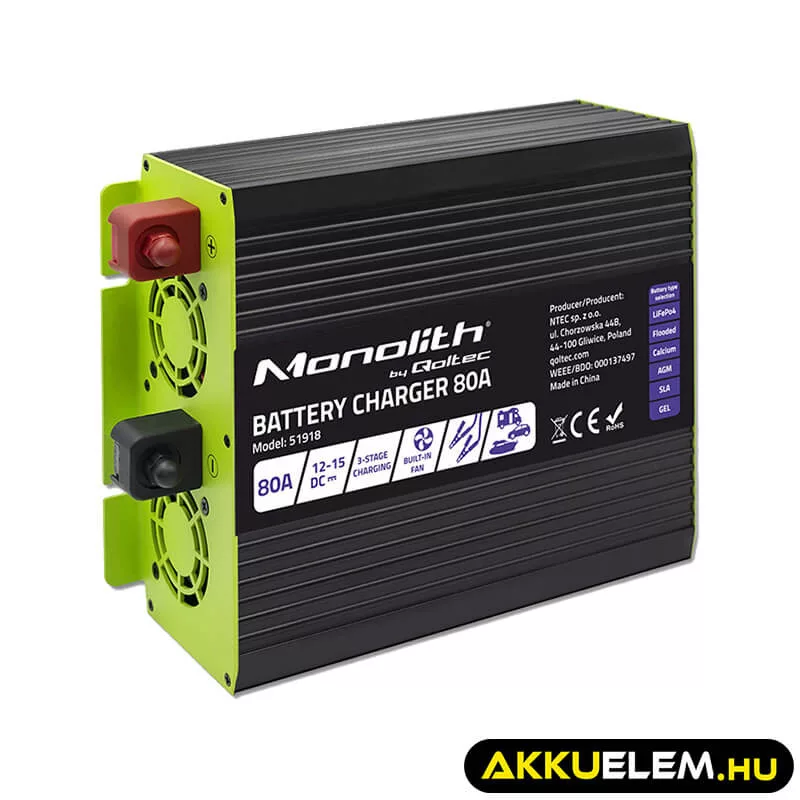 Qoltec Okostöltő LiFePO4 AGM GEL SLA akkumulátorokhoz 80A 12V Gyorstöltés 