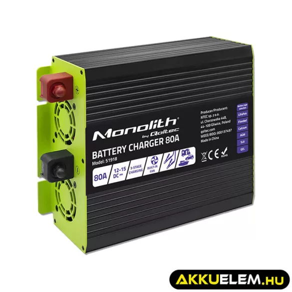Qoltec Okostöltő LiFePO4 AGM GEL SLA akkumulátorokhoz 80A 12V Gyorstöltés 