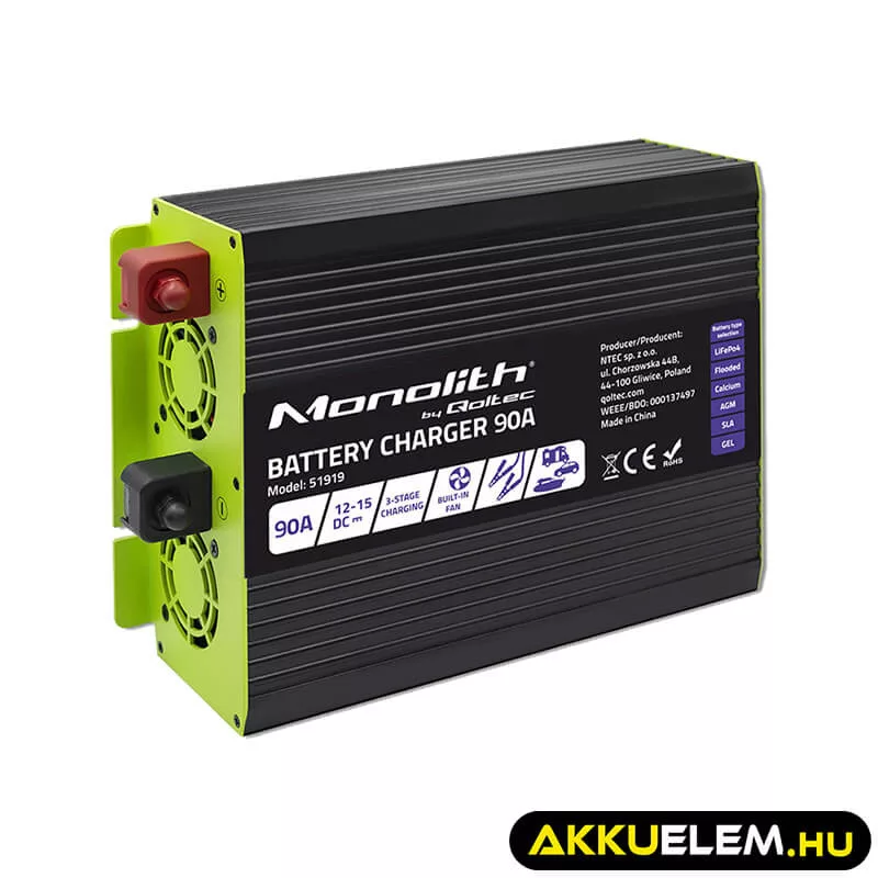 Qoltec Okostöltő LiFePO4 AGM GEL SLA akkumulátorokhoz 90A 12V Gyorstöltés 