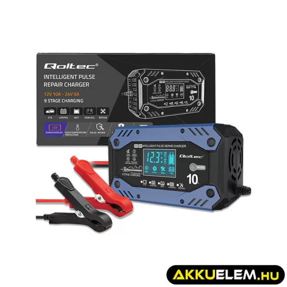 Qoltec Okostöltő STD AGM GEL Akkumulátorokhoz Helyreállító funkcióval 12-24V 10A LCD 9 töltési fázis