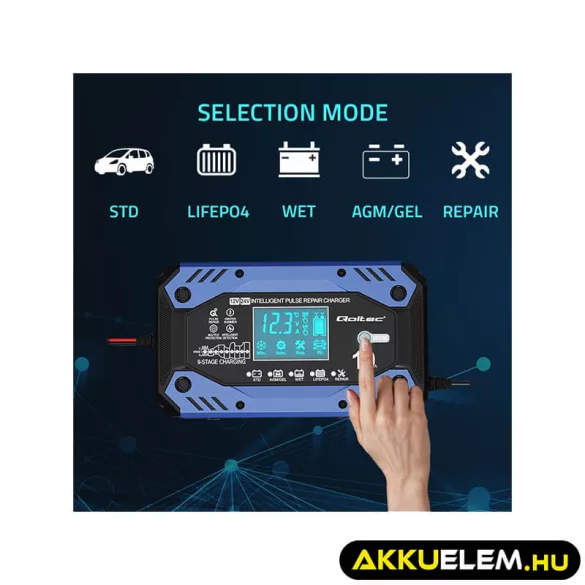 Qoltec Okostöltő STD AGM GEL Akkumulátorokhoz Helyreállító funkcióval 12-24V 10A LCD 9 töltési fázis