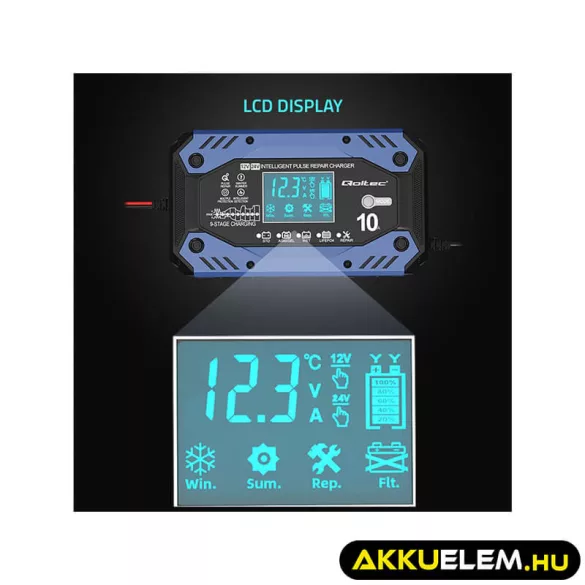 Qoltec Okostöltő STD AGM GEL Akkumulátorokhoz Helyreállító funkcióval 12-24V 10A LCD 9 töltési fázis