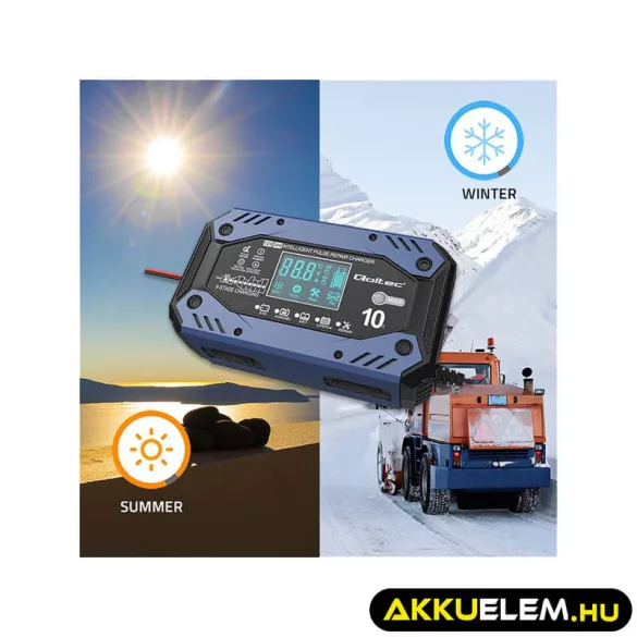 Qoltec Okostöltő STD AGM GEL Akkumulátorokhoz Helyreállító funkcióval 12-24V 10A LCD 9 töltési fázis