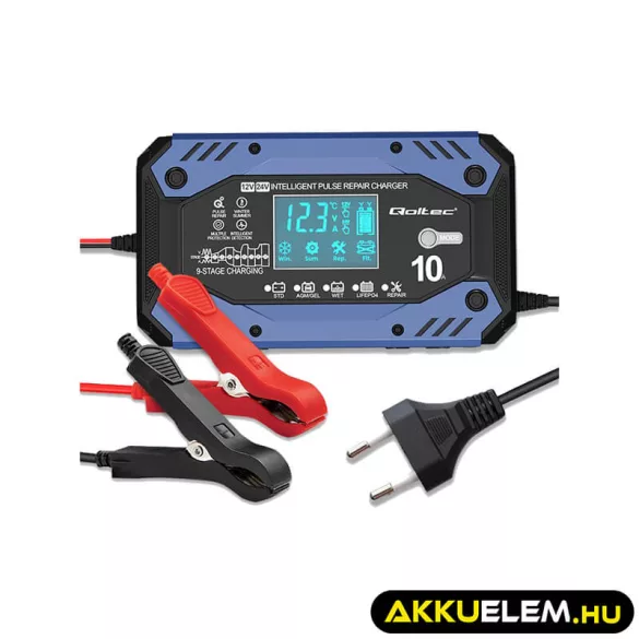 Qoltec Okostöltő STD AGM GEL Akkumulátorokhoz Helyreállító funkcióval 12-24V 10A LCD 9 töltési fázis