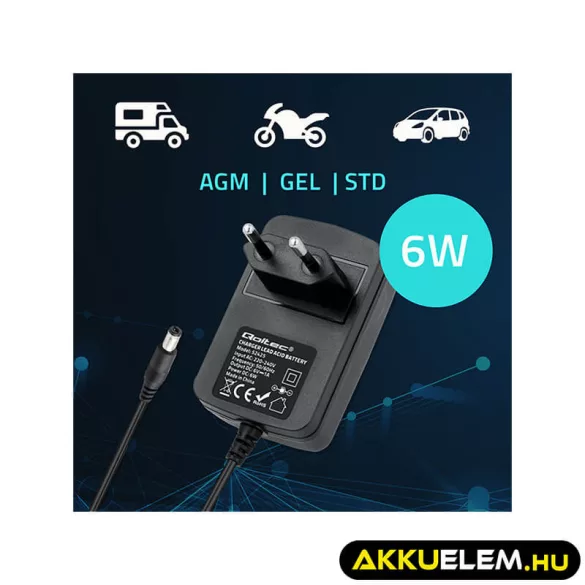 Qoltec Automatikus töltő AGM GEL STD 6V akkumulátorokhoz 1A LED jelzés AC/DC