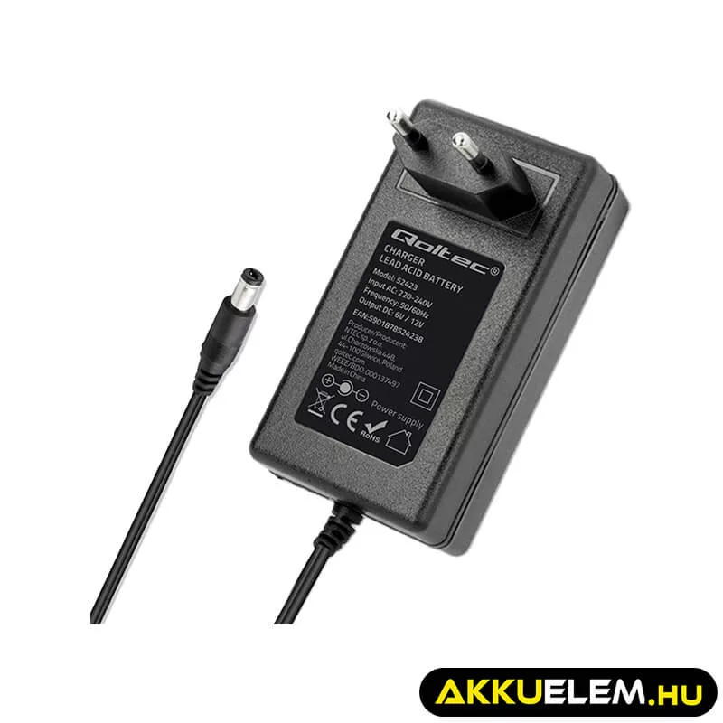 Qoltec Automatikus töltő AGM GEL STD 6V 12V akkumulátorokhoz 1.5A LED jelzés AC/DC