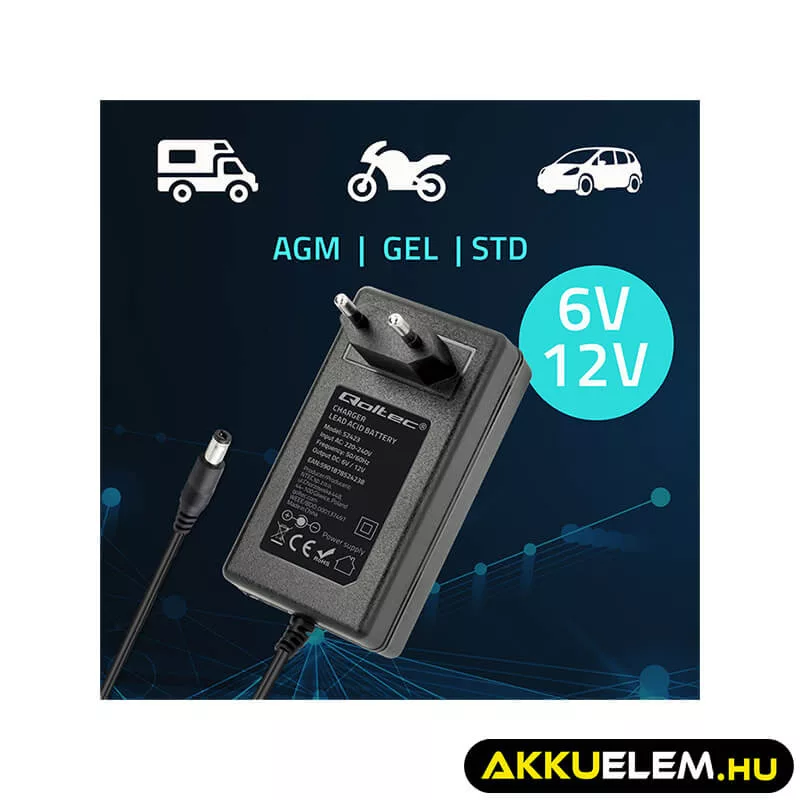 Qoltec Automatikus töltő AGM GEL STD 6V 12V akkumulátorokhoz 1.5A LED jelzés AC/DC