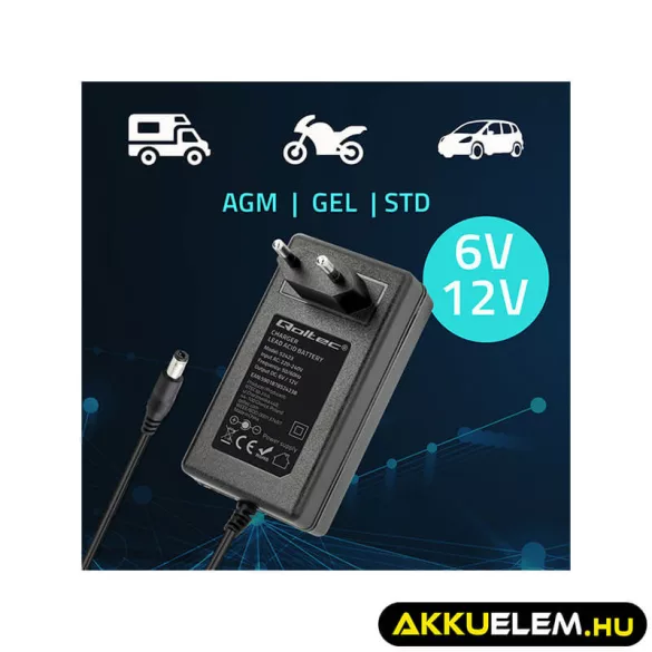 Qoltec Automatikus töltő AGM GEL STD 6V 12V akkumulátorokhoz 1.5A LED jelzés AC/DC