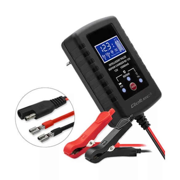 Qoltec Automatikus töltő AGM GEL STD 6V/12V akkumulátorokhoz 2A LED kijelző Helyreállító funkció AC/DC