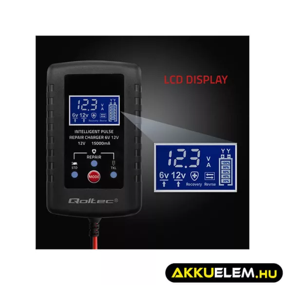 Qoltec Automatikus töltő AGM GEL STD 6V/12V akkumulátorokhoz 2A LED kijelző Helyreállító funkció AC/DC