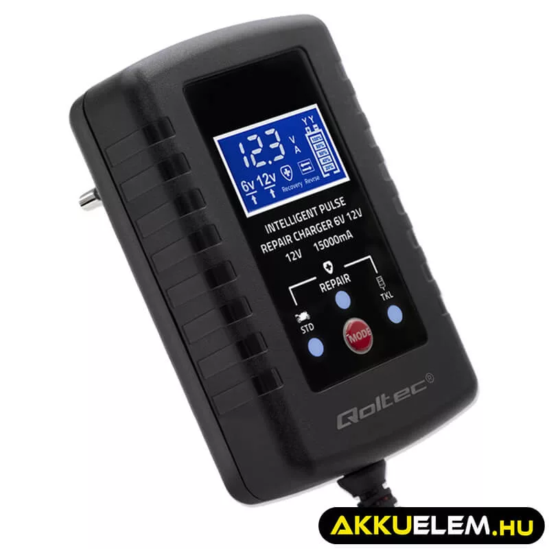 Qoltec Automatikus töltő AGM GEL STD 6V/12V akkumulátorokhoz 2A LED kijelző Helyreállító funkció AC/DC