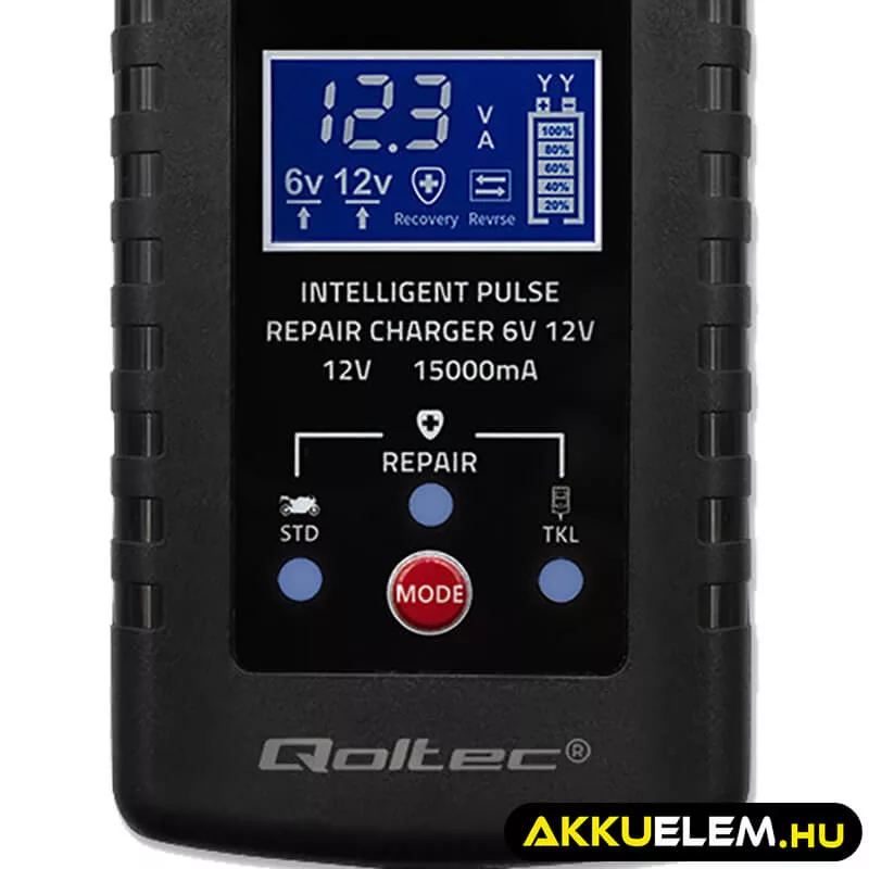 Qoltec Automatikus töltő AGM GEL STD 6V/12V akkumulátorokhoz 2A LED kijelző Helyreállító funkció AC/DC