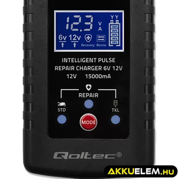 Qoltec Automatikus töltő AGM GEL STD 6V/12V akkumulátorokhoz 2A LED kijelző Helyreállító funkció AC/DC