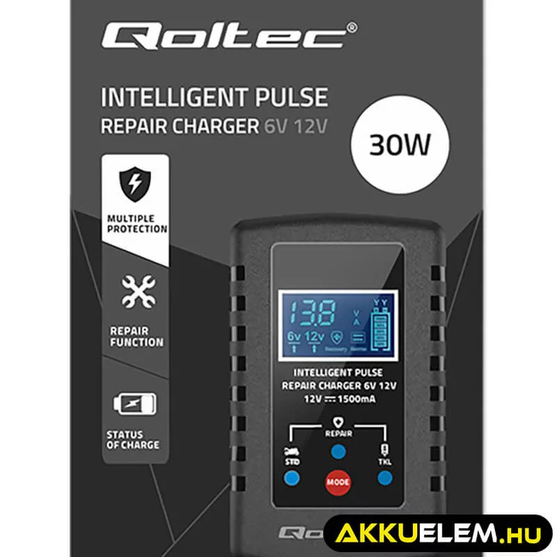 Qoltec Automatikus töltő AGM GEL STD 6V/12V akkumulátorokhoz 2A LED kijelző Helyreállító funkció AC/DC