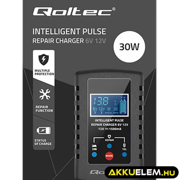 Qoltec Automatikus töltő AGM GEL STD 6V/12V akkumulátorokhoz 2A LED kijelző Helyreállító funkció AC/DC