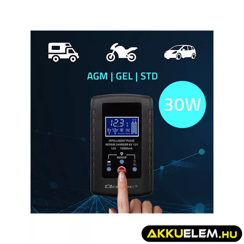 Qoltec Automatikus töltő AGM GEL STD 6V/12V akkumulátorokhoz 2A LED kijelző Helyreállító funkció AC/DC
