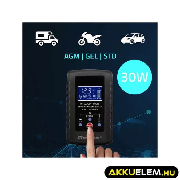 Qoltec Automatikus töltő AGM GEL STD 6V/12V akkumulátorokhoz 2A LED kijelző Helyreállító funkció AC/DC