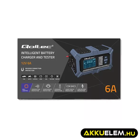 Qoltec Intelligens Akkumulátor töltő, Javitó + Teszter funkcióval 12V 6A LCD kijelző AGM LiFePO4 GEL