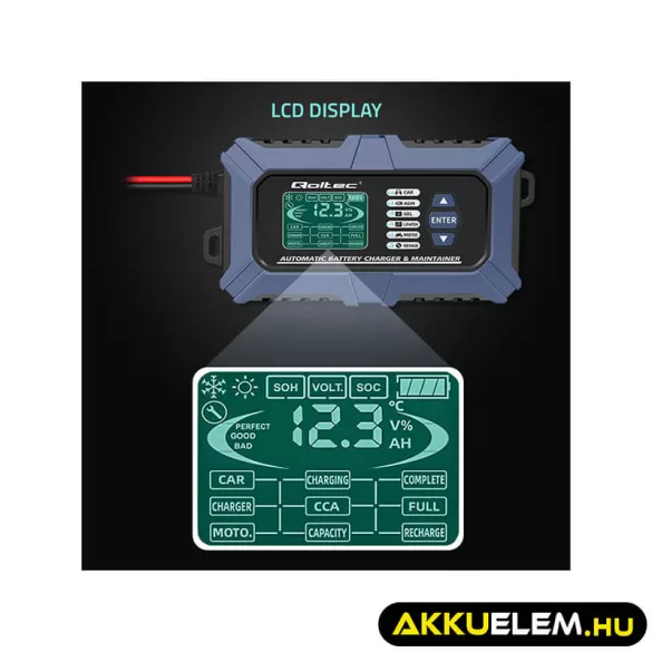 Qoltec Intelligens Akkumulátor töltő, Javitó + Teszter funkcióval 12V 6A LCD kijelző AGM LiFePO4 GEL