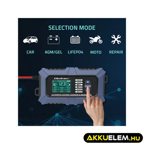 Qoltec Intelligens Akkumulátor töltő, Javitó + Teszter funkcióval 12V 6A LCD kijelző AGM LiFePO4 GEL