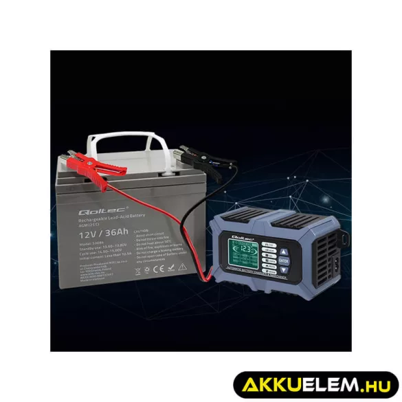 Qoltec Intelligens Akkumulátor töltő, Javitó + Teszter funkcióval 12V 6A LCD kijelző AGM LiFePO4 GEL