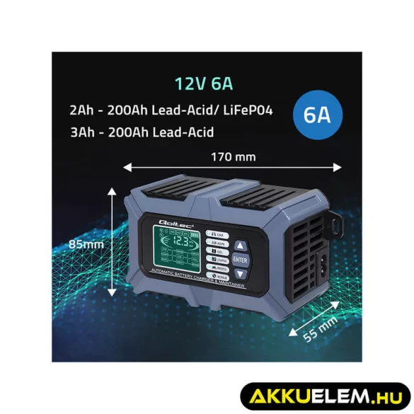 Qoltec Intelligens Akkumulátor töltő, Javitó + Teszter funkcióval 12V 6A LCD kijelző AGM LiFePO4 GEL