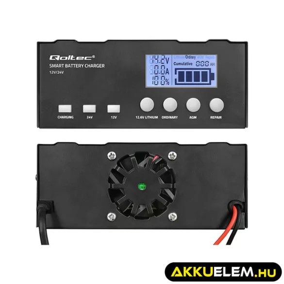 Qoltec Intelligens Akkumulátor töltő, 12V + 12.6V + 24V LCD kijelzős AGM, GEL, LiFePO4