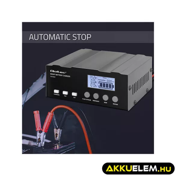 Qoltec Intelligens Akkumulátor töltő, 12V + 12.6V + 24V LCD kijelzős AGM, GEL, LiFePO4