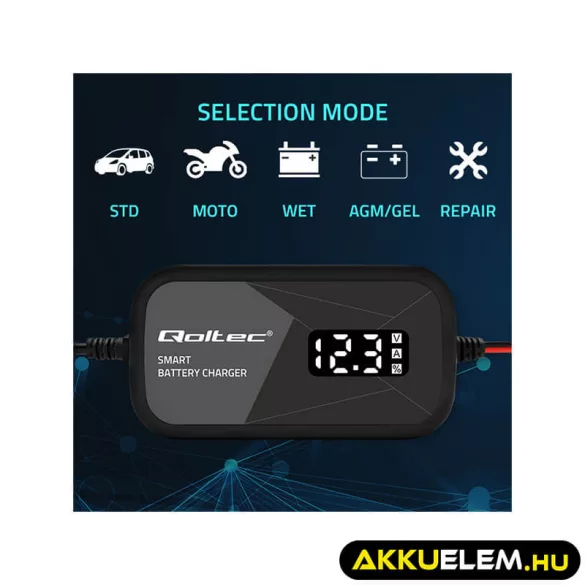 Qoltec Intelligens Akkumulátor töltő, 12V 2A AC/DC  LCD kijelzős AGM GEL 