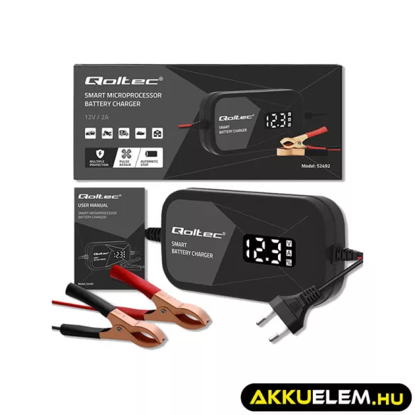 Qoltec Intelligens Akkumulátor töltő, 12V 2A AC/DC  LCD kijelzős AGM GEL 