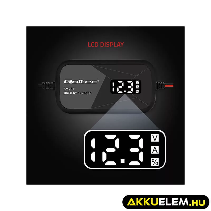 Qoltec Intelligens Akkumulátor töltő, 12V 2A AC/DC  LCD kijelzős AGM GEL 