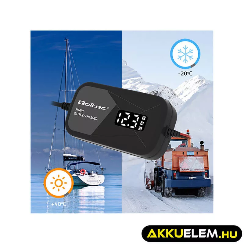 Qoltec Intelligens Akkumulátor töltő, 12V 2A AC/DC  LCD kijelzős AGM GEL 