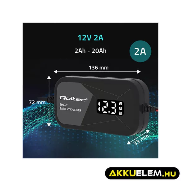 Qoltec Intelligens Akkumulátor töltő, 12V 2A AC/DC  LCD kijelzős AGM GEL 