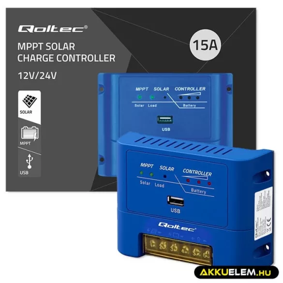 Qoltec 12V/24V 15A MPPT Napelem Töltésvezérlő USB