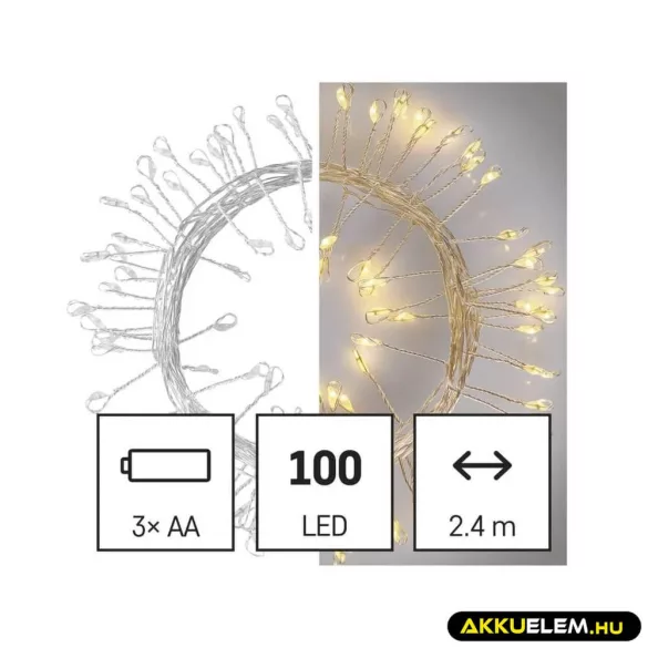 Ünnepi fényfüzér D3FW01 100Led 2.4m Melegfényű, időzítős 3AAA