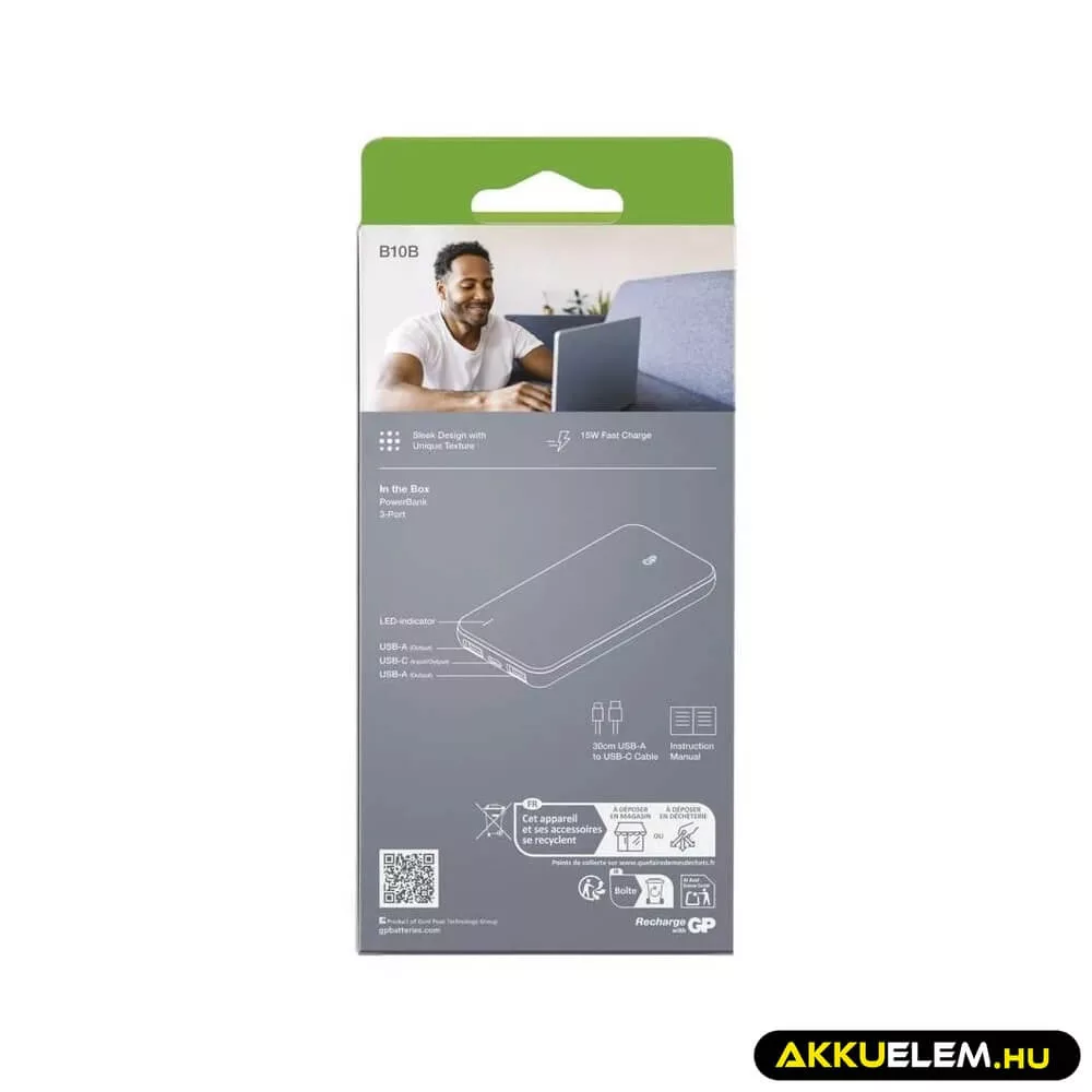 GP Powerbank B+ Series, 10 000 mAh, 15 W, kék, 2*USB, 1*USB-C