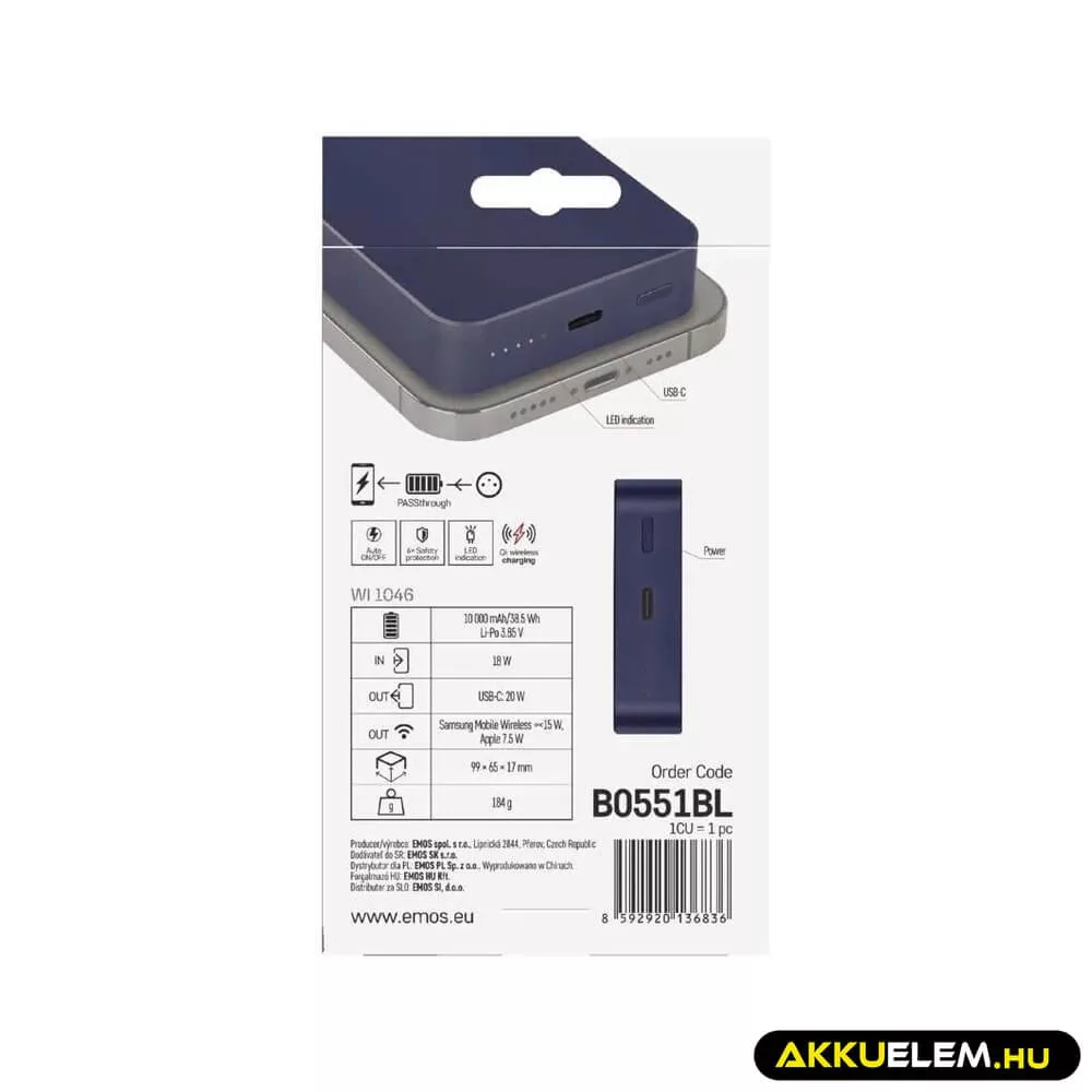 Powerbank WI 1046, 10 000 mAh, 20 W+Wireless, Kék