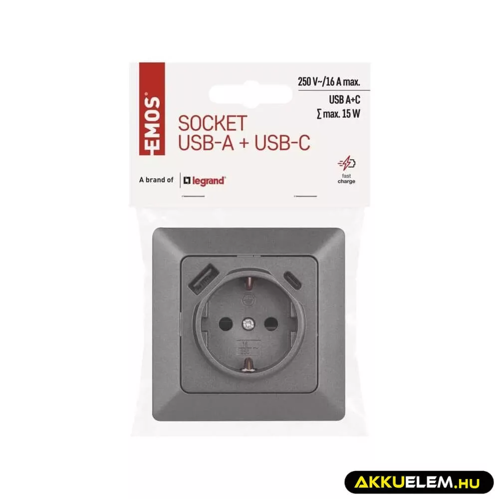 Aljzat, 1*USB-A, 1*USB-C  16A max A6000.7 Antracit