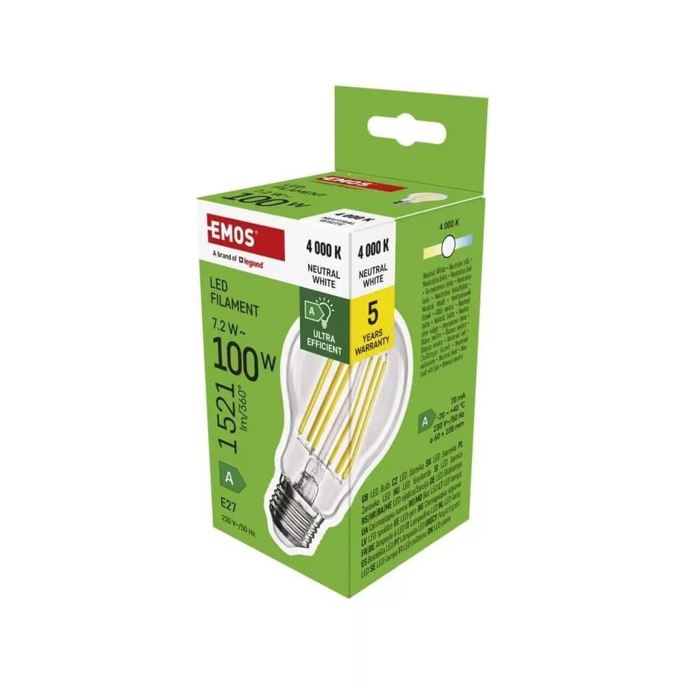   Classic LED-izzó E27 A60 7.2W (100w) 4000K LED 1521lm Filament WW