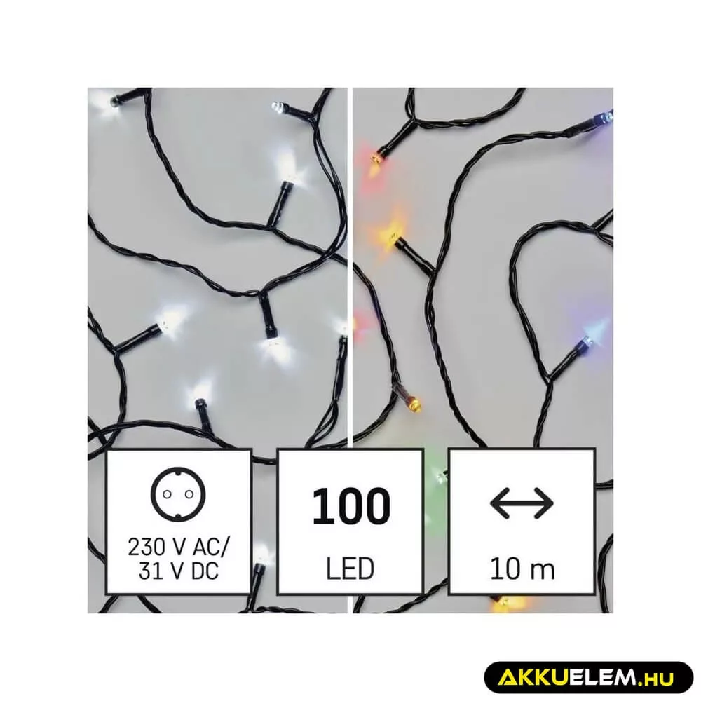 Karácsonyi füzér 100Led 10 +5m kül/bel színes/ CW fehér