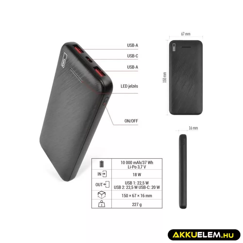Powerbank 10000mAh 22,5W LED kijelzővel fekete 1*USB-C 2*USB-A