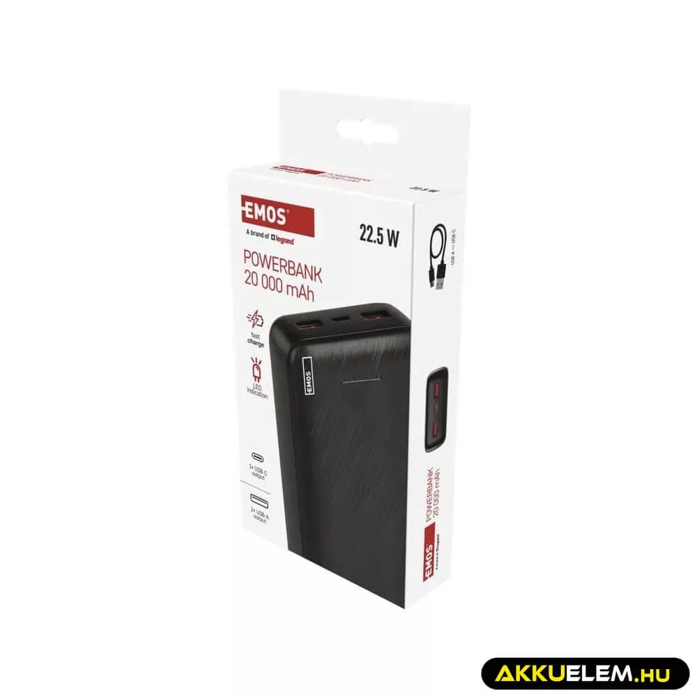 Powerbank 20000mAh 22,5W LED kijelzővel fekete 1*USB-C 2*USB-A