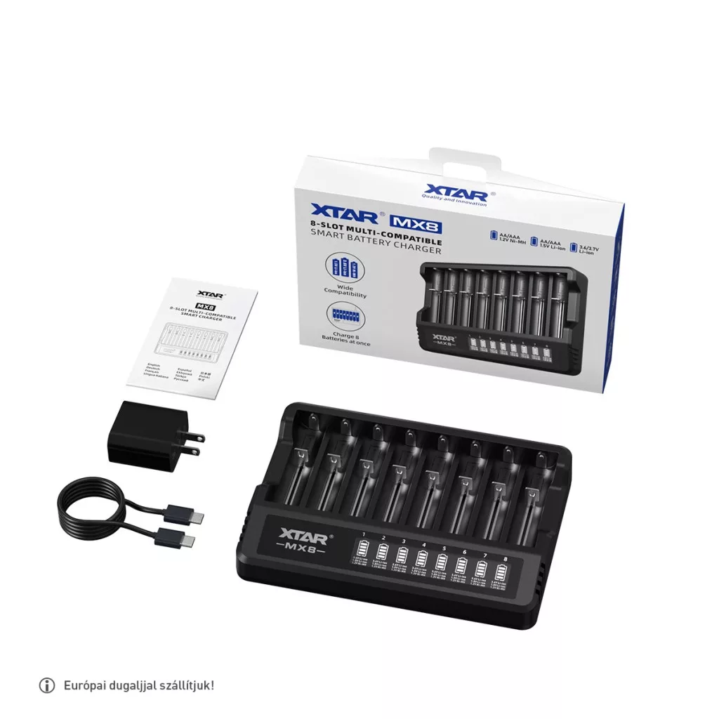 Xtar MX8 Ni-MH és 1,5V/3,7V Li-Ion és 3,2V LiFePO4  akkutöltő + adapter