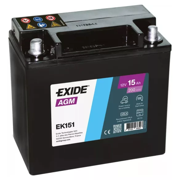 Exide AUX EK151 12V 15Ah 200A AGM autó akkumulátor BAL+