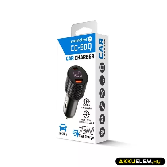 EverActive gyors autós töltő 12-24V 75W 1*USB 1*USB-C KIJELZŐ
